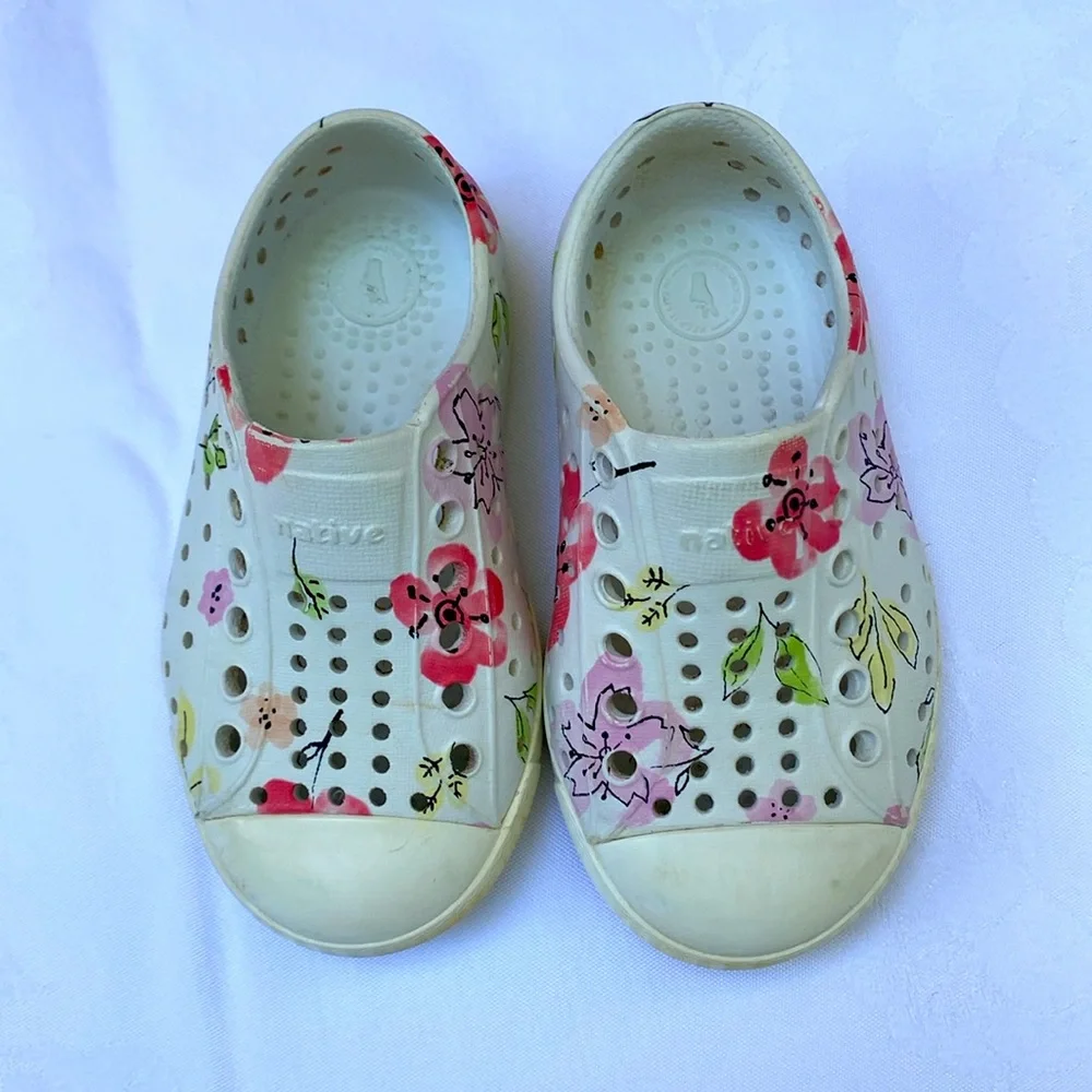 Native Kids Sneakers White with Pink, Red, Green Floral Print